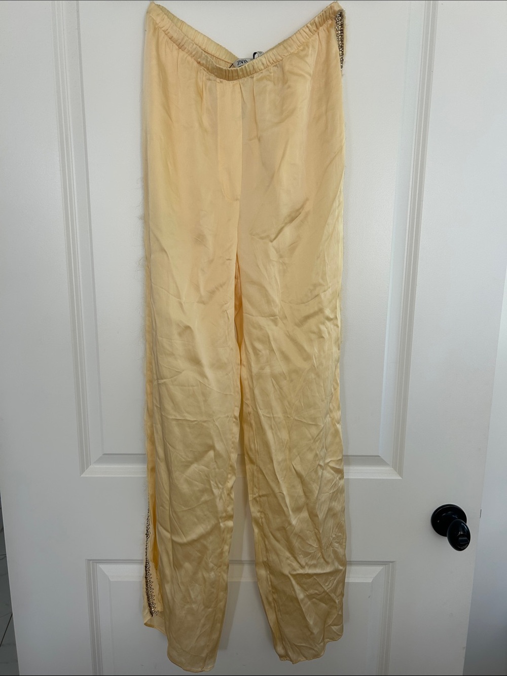 Zara Butter Yellow Elastic-Waist Silk Pants
